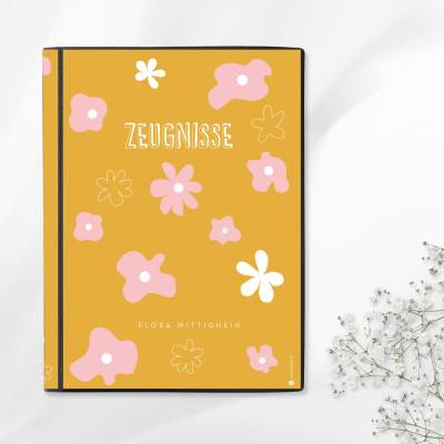 Personalisierte Zeugnismappe "Blumen", Geschenk zur Einschulung, A4 Sichtbuch mit Namen