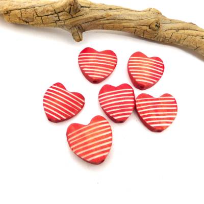 6 rote Knochenperlen in Herz-Form ca. 25x26x4mm - handgemachte Bein-Perlen