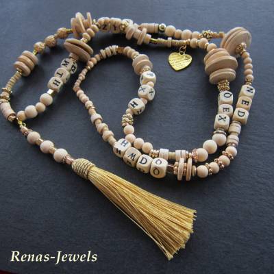 Bettelkette lang mit Holzperlen in Beige und Gold, Quaste, Herz Anhänger, Bohokette ohne Verschluss