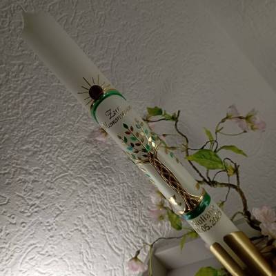 Kommunionkerze Taufkerze lang Lebensbaum Baum Jungen Name Datum individualisierbar 400/40 mm