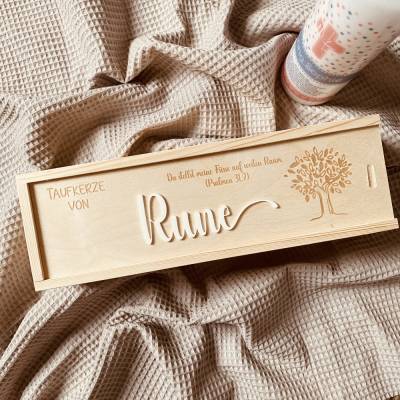 Exklusive, personalisierte Kerzenbox mit Namen – Elegante Holzkiste mit individueller Gravur für die Taufkerze