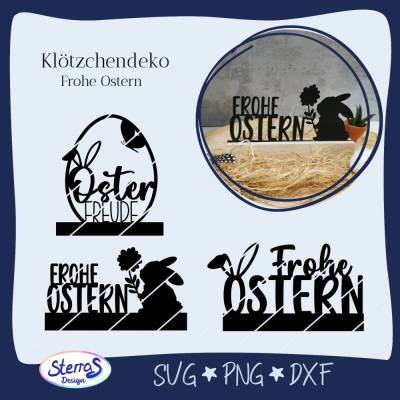 Plotterdatei Frohe Ostern – 3 Klötzchendeko-Designs • SVG DXF PNG • Hase, Ei, Blume • Oster DIY digital