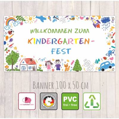 Banner Kinderevent 100 x 50 cm  | Kindergartenfest - bunte Kindermotive - Kinderzeichnung - Kindergartenabschluss