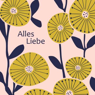 Postkarte Alles Liebe, Gartenträumer, mit stilisierten Sonnenblumen im 60er Jahre Design