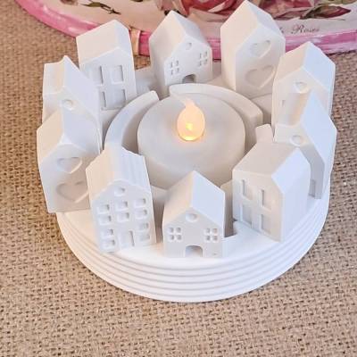 Lichterkranz Teelichthalter Häuserkranz | weiße Raysin Deko Lichthäuser | Kerzenteller | Lichterstadt Geschenkidee mini
