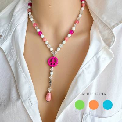 bunte Perlenkette mit Peace Anhänger, Kette mit Peace Zeichen