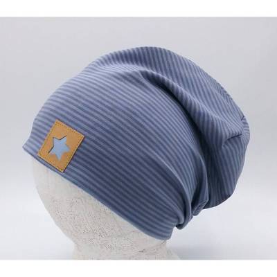 Beanie Mütze für Kinder und Erwachsene, blaugrau gestreift mit Sternpatch, Jersey Slouch Beanie, Babymütze,