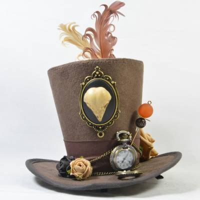 Mini-Hütchen - Steampunk Fascinator Kamee Taschenuhr Brokat Federn