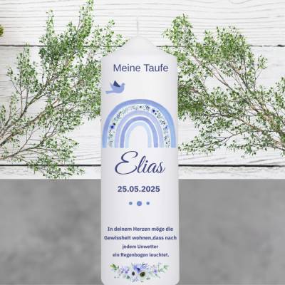 Taufkerze mit dem Regenbogen, leuchtend in blauen  floralen Farben, iideales Geschenk Jungen