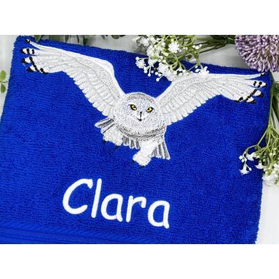 Duschtuch mit großem Eulen Motiv bestickt / Tolle Geschenkidee / Personalisiert mit Namen