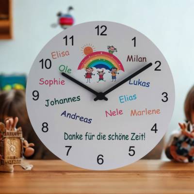 Personalisierte Wanduhr Abschiedsgeschenk Kita für Erzieherin Geschenk Kindergarten Kindernamen Regenbogenmotiv Uhr