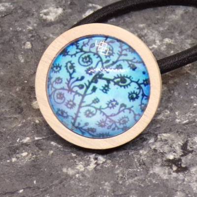 Holz Cabochon Haargummi rund – Hellblauer Glascabochon Haarschmuck