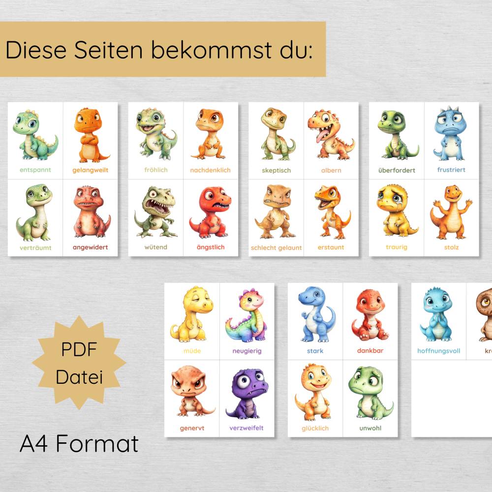 26 Dino Gefühlskarten für Kinder zum Ausdrucken, Dinosaurier Bildkarten Emotionen lernen Bild 2