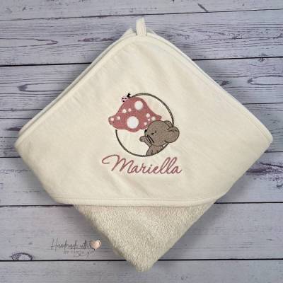 Kapuzenhandtuch mit süßem Maus Motiv und Namen bestickt I Handtuch 100x100 cm I Baby Geschenk personalisiert