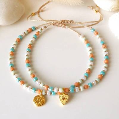 Armband Herz oder Ornament, Perlenarmband Damen, orange hellgrün weiß türkis, kleine Geschenke Frau