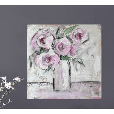 Abstraktes Rosenbild – Moderne Blumenstrauß-Malerei gespachtelt in rosa, salbei und weiß auf Leinwand