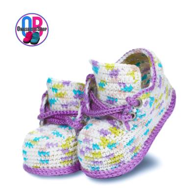 Babyschuhe, häkeln, gehäkelt, 9 cm.,3-lagige Sohle , Geschenkverpackung, handgemacht, Babypolyacryl, Bunt, Li