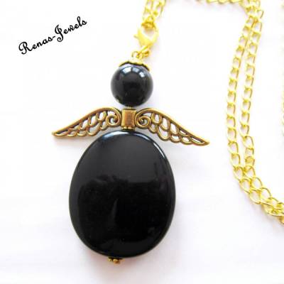 Schutzengelkette lang schwarz goldfarben – Schutzengel Kette mit Anhänger & Engelflügel