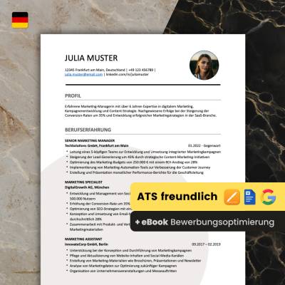 Lebenslauf Vorlage ATS optimiert + ChatGPT eBook | Bewerbungsschreiben Word, Pages, Google Docs Deutsch No.7 Rose 
