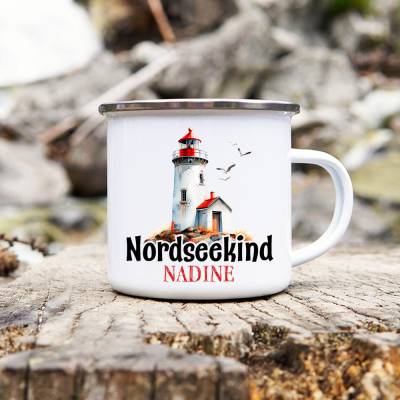 Camping Emaille Tasse NORDSEEKIND mit Namen, Outdoorbecher, Campingbecher