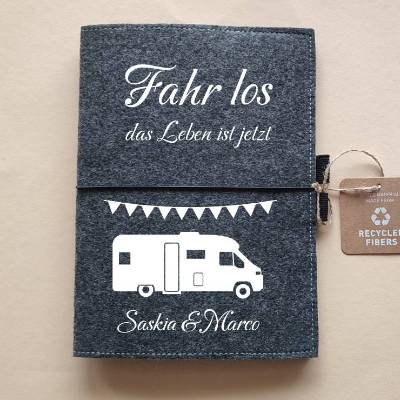 Personalisierter Filzumschlag Camping DIN A5 mit Campingmotiv "FL" |  Geschenk für Camper | Wohnwagen |