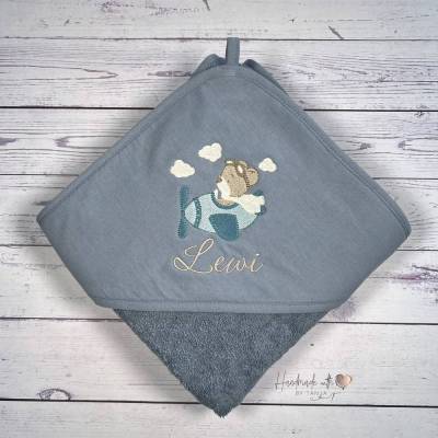 Kapuzenhandtuch mit Teddy und Namen bestickt I Handtuch Kind personalisiert I 100x100 cm I Babyhandtuch mit Motiv
