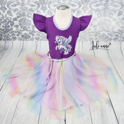 Tüll Drehkleid - Kleid mit Drehrock und Tüll Einhorn Pegasus Lila  #Einschulung