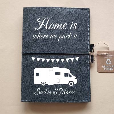 Personalisierter Filzumschlag Camping DIN A5 mit Campingmotiv "HOME" |  Geschenk für Camper | Wohnwagen |