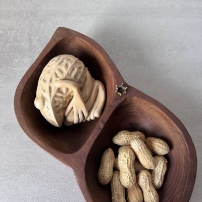 Der Erdnussfrosch, schlafend in Teakschale, Holzschale, upcycling, Froschskulptur, Froschkönig, schlafender Frosch