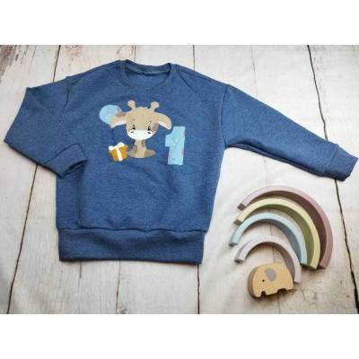 Oversizehoodie, Geburtstag Giraffe mit Zahl, blau meliert, Gr. 68-140