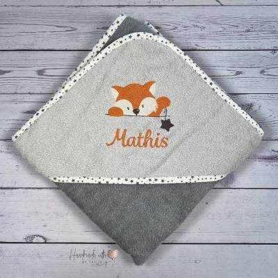 Kapuzenhandtuch mit Fuchs und Namen bestickt I Handtuch personalisiert I Baby Geschenkidee Taufe I Geschenk zur Geburt