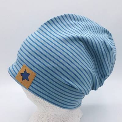 Beanie Mütze für Kinder und Erwachsene, jeansblau gestreift, Label Stern, Babymütze,Slouchybeanie