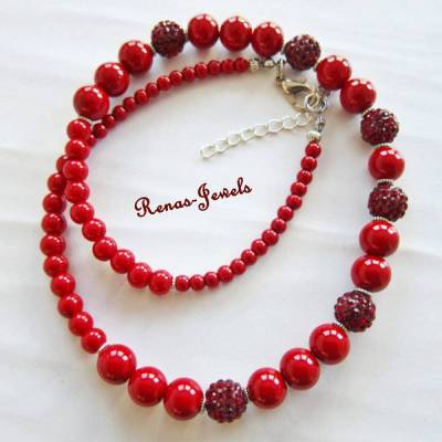 Kurze Perlenkette Collier rot dunkelrot silber Shamballa Glaswachsperlen Schmuck