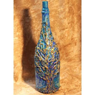 Dekoflasche ZAUBERBAUM künstlerisch gestaltete große Flasche mit blauen und goldenen Acrylfarben bemalt