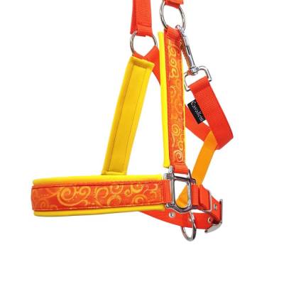 Halfter Warmblut Wirbelwind orange gelb – Pferdehalfter Größe Warmblut 3-fach verstellbar mit Softshell, Fleece oder Airmesh