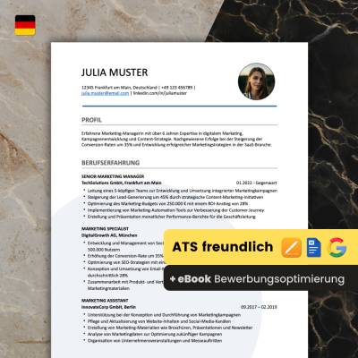 Lebenslauf Vorlage ATS optimiert + ChatGPT eBook | Bewerbungsschreiben Word, Pages, Google Docs Deutsch No.7 Blau 