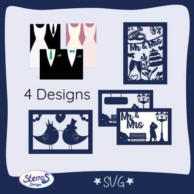 Plotterdateien Hochzeitskarten – Bundle mit 4 romantischen Kartenmotiven: Vogel, Kleid & Anzug, Mr & Mrs, Liebespaar – S