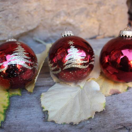 3 rote Christbaumkugeln mit Goldglitter Dekor Ø 6,5 cm  Christbaumschmuck  Vintage 90er Jahre