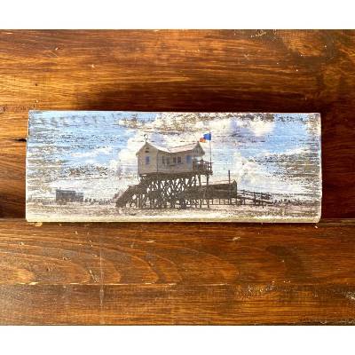 Upcycling Holzkunst – Sankt Peter Ording, Fotodruck auf altem Dachbalken, maritimes Unikat