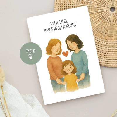 Muttertagskarte Poster | Für Regenbogenfamilien mit 2 Mamas & Tochter – A4 | PDF-Vorlage | Download zum Ausdrucke