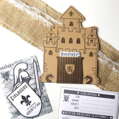 Druckvorlage Kindergeburtstag Einladung, Ritterburg, drucken, Ritter, Geburtstagseinladung, Bastelvorlage, Burgpost