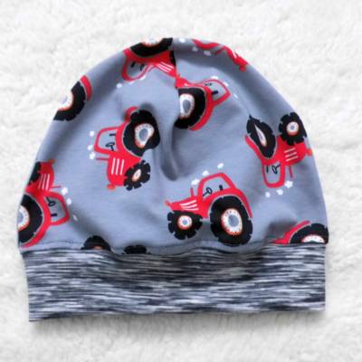 Beanie Übergangsmütze Mütze Traktor Traktoren Grau - Rot