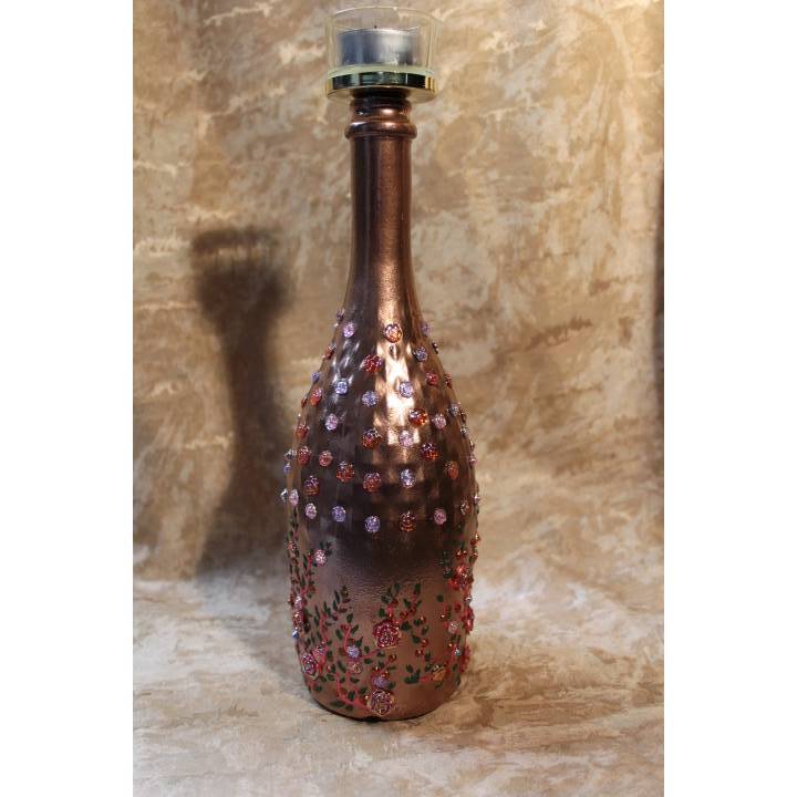 Dekoflasche KUPFER & ROSEN Upcycling Flasche Flaschenkunst Dekoration Wohndeko Geldgeschenk Teelichthalter Kerzenständer
