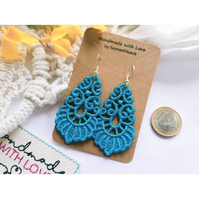 Große Spitzen Ohrringe blau gestickt, leicht, Lace Boho Sommer, Statement Schmuck