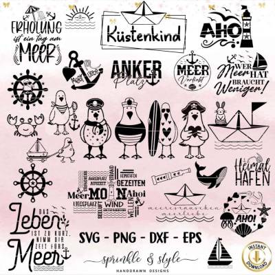 Maritime Plotterdatei Bundle | 26 Designs SVG PNG DXF EPS | Küstenkind, Ahoi, Anker, Meer Sprüche | Plotterdatei Set |