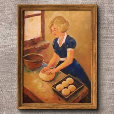 "Am Backen" Ölbild 30x40 Vintage 