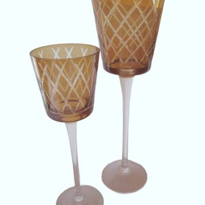 Vintage Dekogläser gelb – 2er Set Teelicht- oder Kerzenhalter, Vase, geschliffen, neuwertig