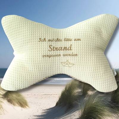 Maritimer Leseknochen Lesekissen Nackenkissen beige creme – bestickt mit witzigem Spruch – Geschenk für Bücherfreunde