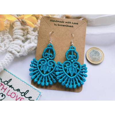 Hängeohrringe Spitze blau gestickt, leicht, Lace Boho Sommer, Statement Schmuck