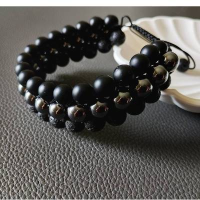 Dreifach Armband, Herren Edelstein Armband mit Knotenverschluss, Makramee Armband, verstellbar